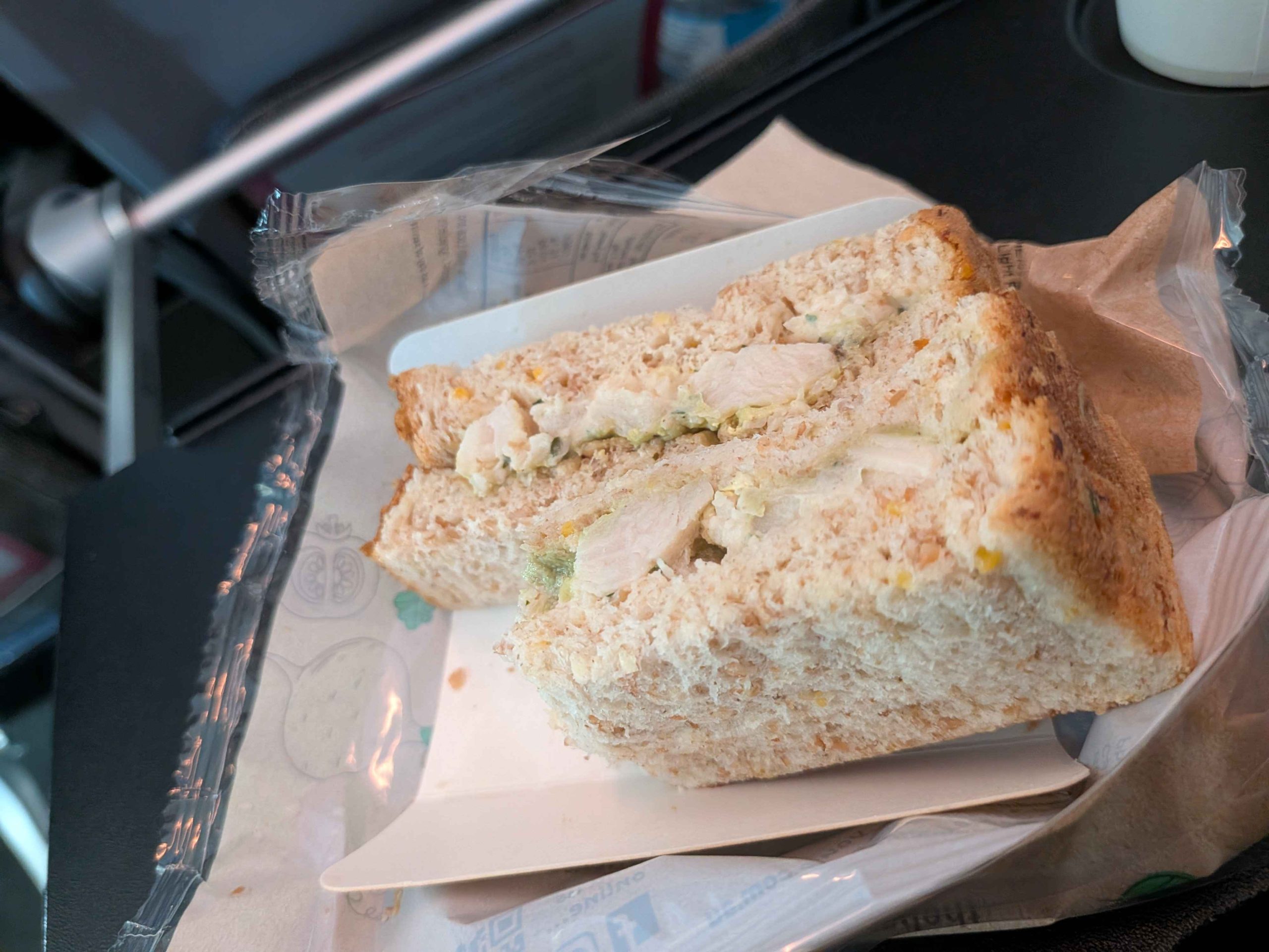Handmade Food Co roast chicken and avocado sandwich on Qantas A321-XLR
