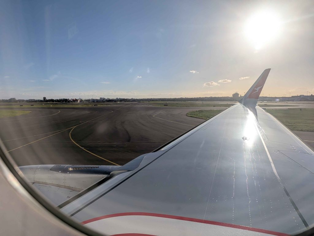 Qantas A321-XLR wing and winglet on the tarmac at Sydney Airport