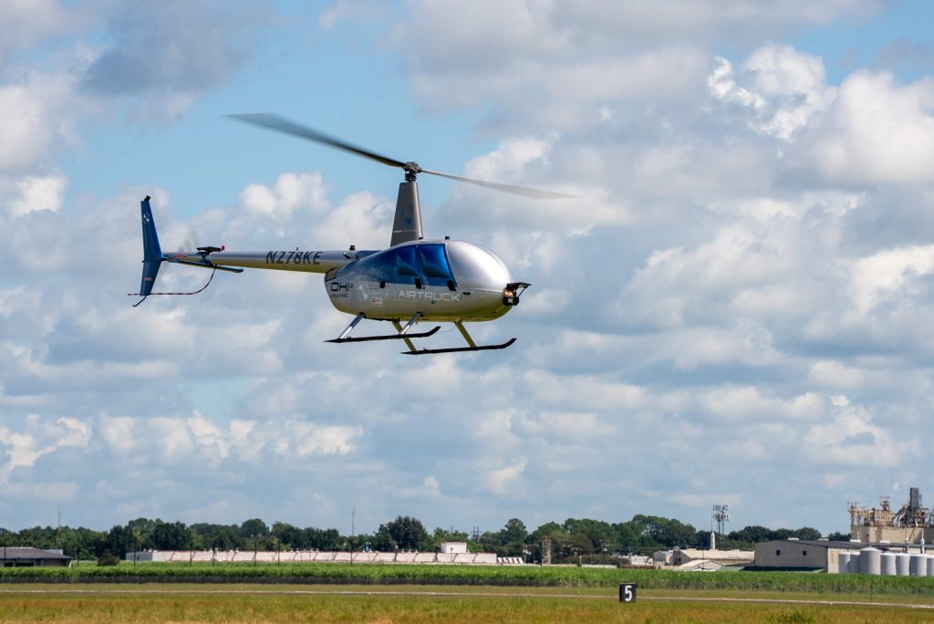 Robinson Unmanned R44 AIRTRUCK heavy-lift unmanned cargo helicopter during landing trials in New Iberia Louisiana