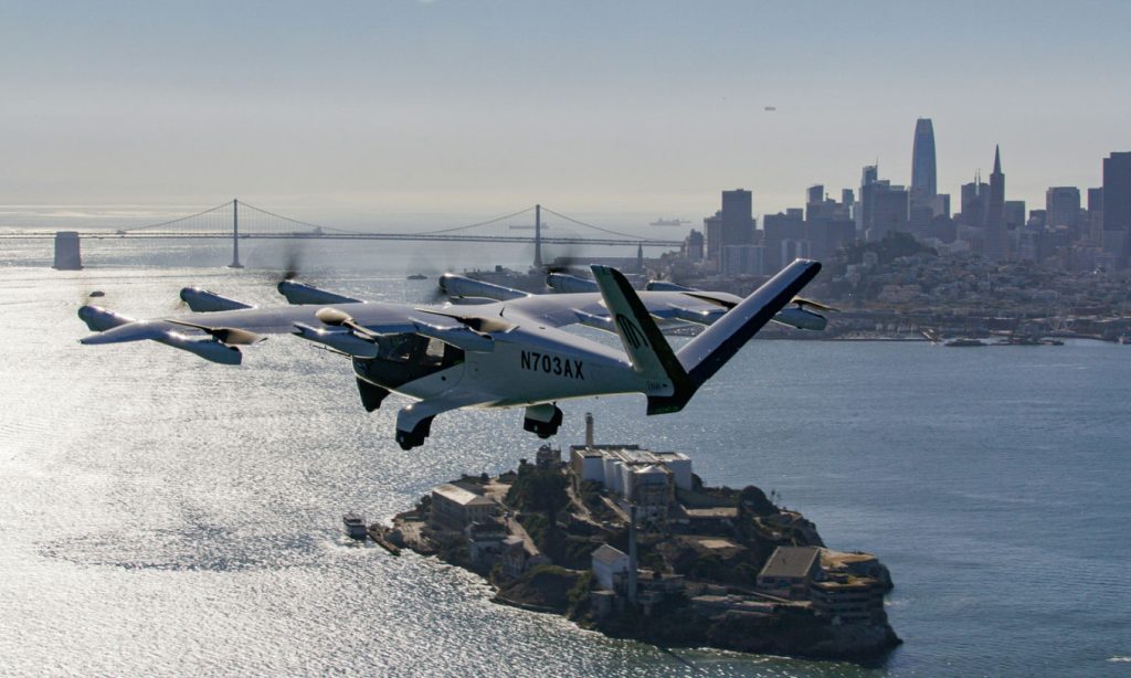 Archer Aviation Midnight eVTOL flying over San Francisco Bay with Alcatraz Island in background