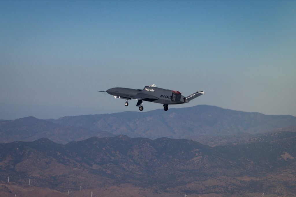 Northrop Grumman YFQ-48A Talon Blue autonomous combat drone in flight over Mojave